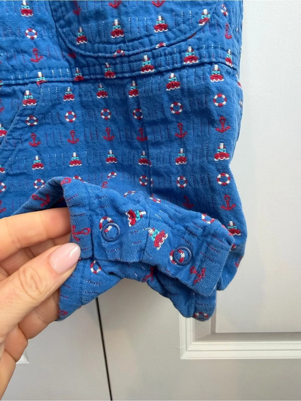 Vintage OshKosh B’Gosh Vestbak Blue Nautical Print Shortall Overalls Size 24 Mo